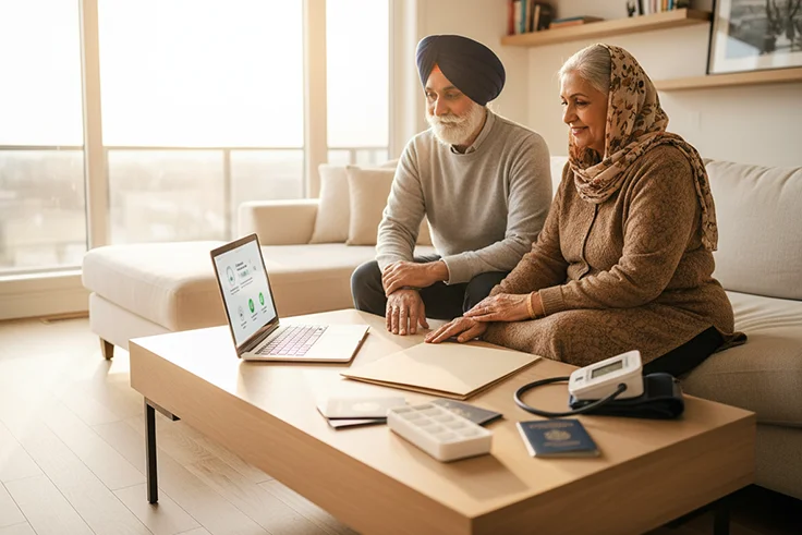 Elderly Sikh couple reviewing medical rates