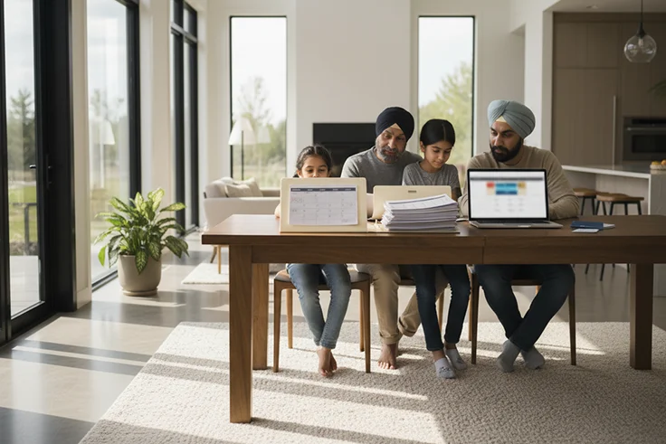 Family comparing super visa insurance at table