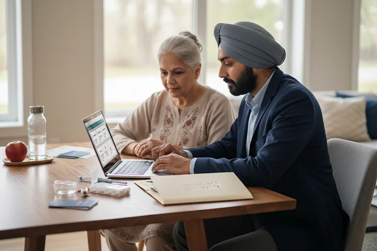Sikh man and elder woman comparing insurance, diabetes