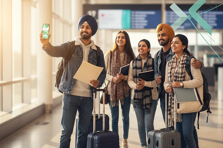 Sikh students at airport with travel insurance